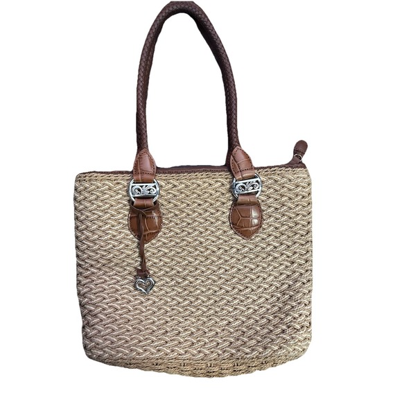 Brighton Handbags - Brighton Woven‎ Jute Rope Shoulder Tote Bag Leather Strap Tan Brown Boho Beach